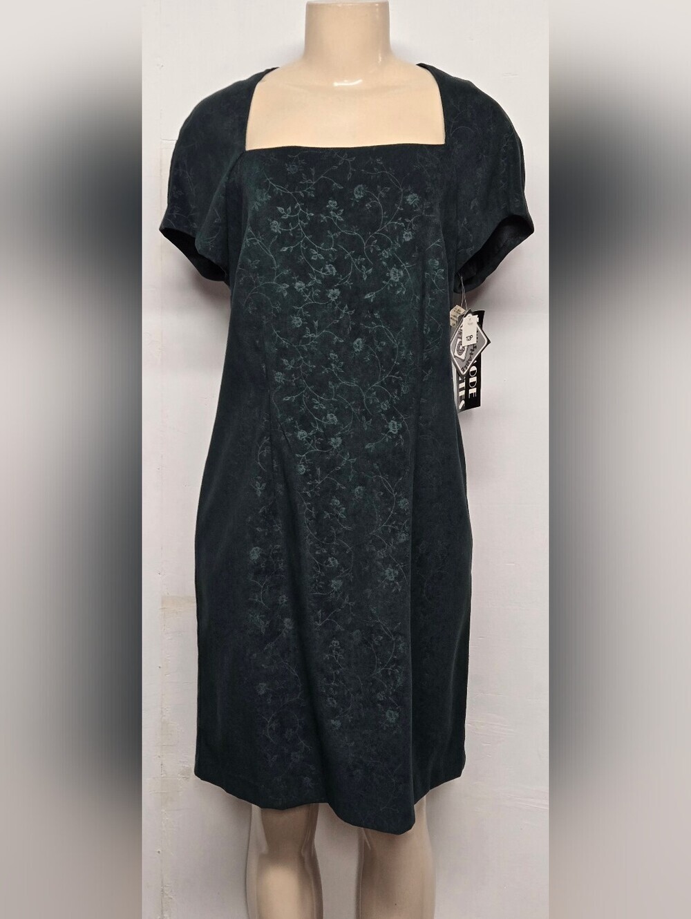Halmode Petites Vintage Dress 12P Hunter Green Square Neck Short Sleeves 80s